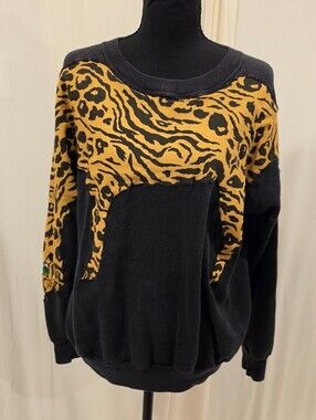 Vtg 80s Pannill Sweatshirt L Tiger Leopard Animal Print Crewneck Black USA Made